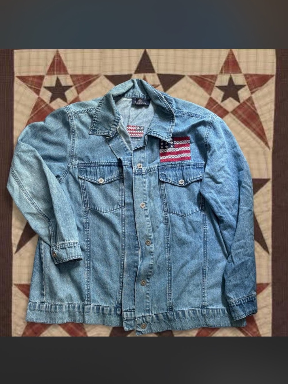 Vintage Denim Button Up Shirt with Embroidered American Flag Detail